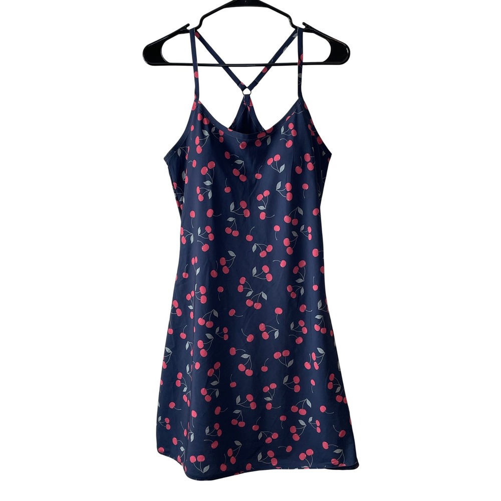 Outdoor Voices Exercise Dress Women M Navy Cherry Print Built-in Shorts Sporty